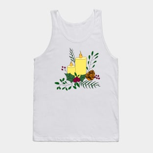 Christmas lights with holly, candles, pine cones and coniferous branches Tank Top